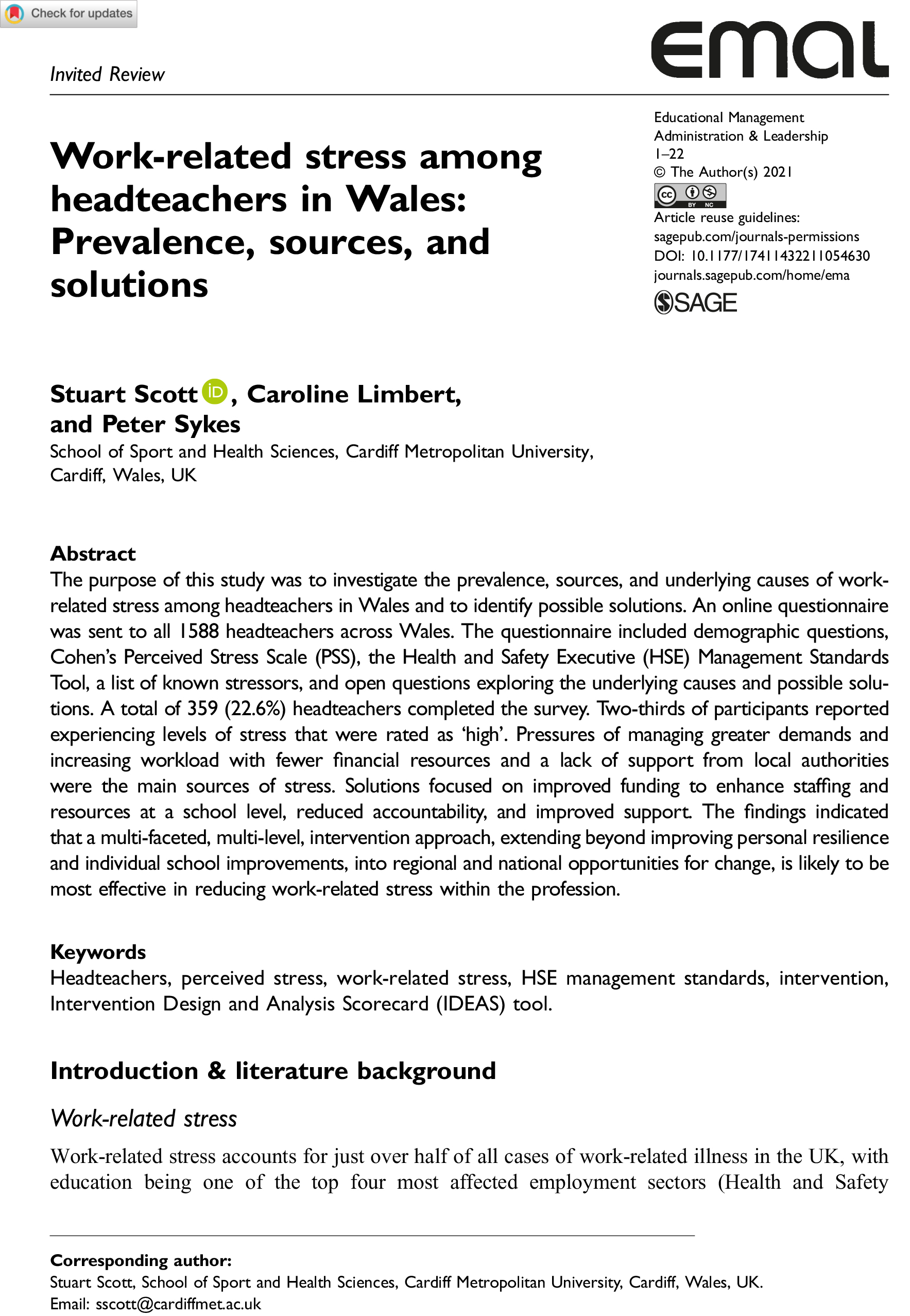 Work-related stress among headteachers in Wales: Prevalence book cover
